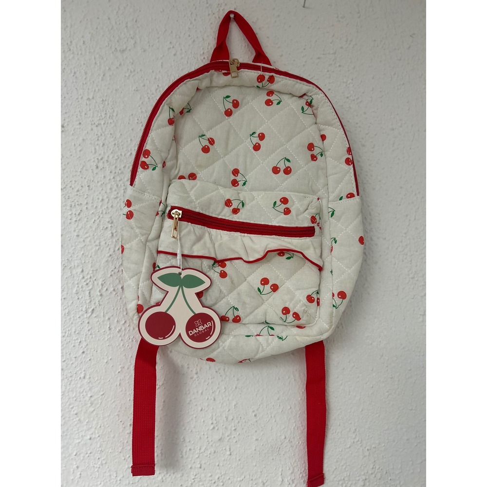 Danbar Global Quilted Cherry Print Backpack White Red Ruffle Mini Bag NWT